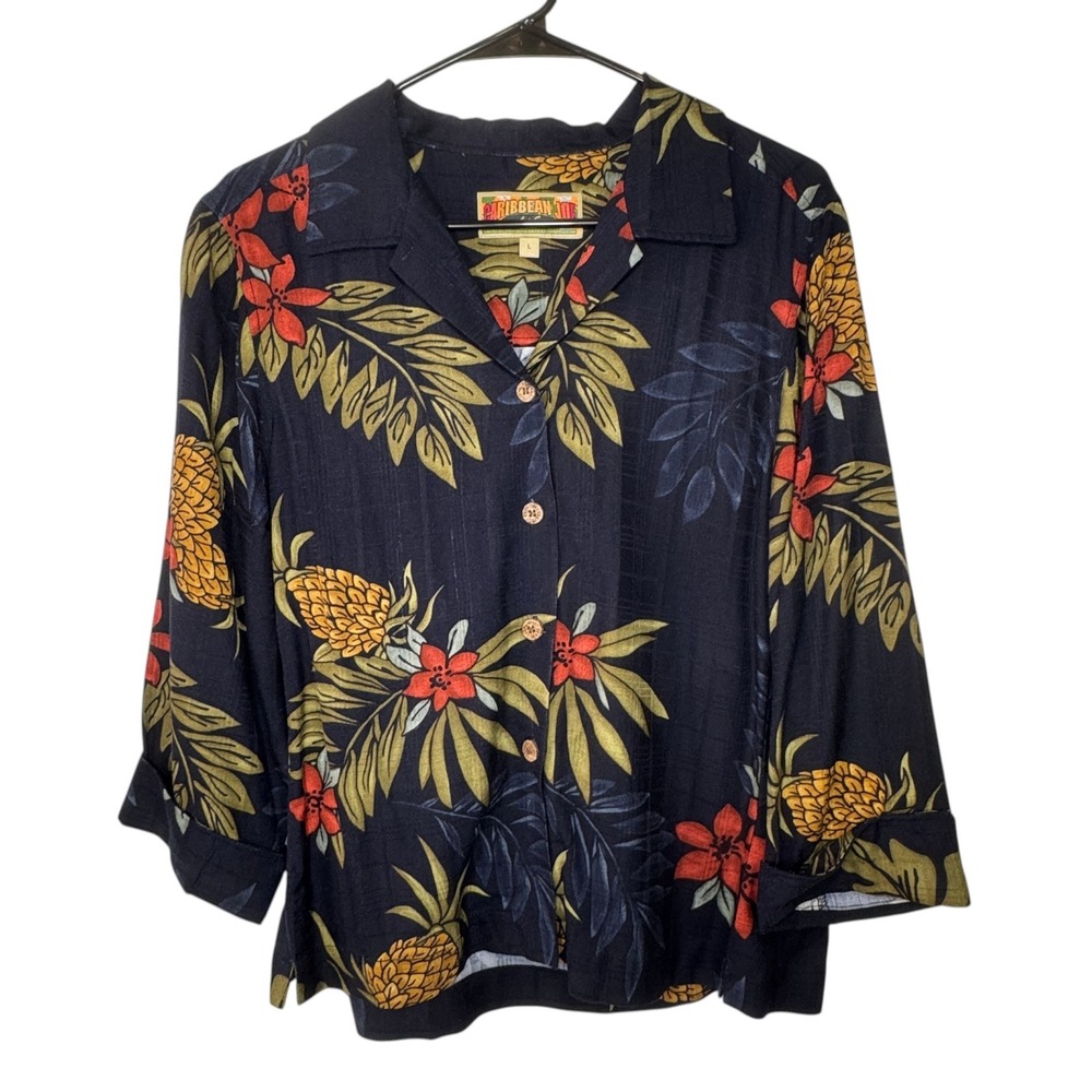 Caribbean Joe Black Floral Tropical Button Down Shirt Womens Large Pineapple